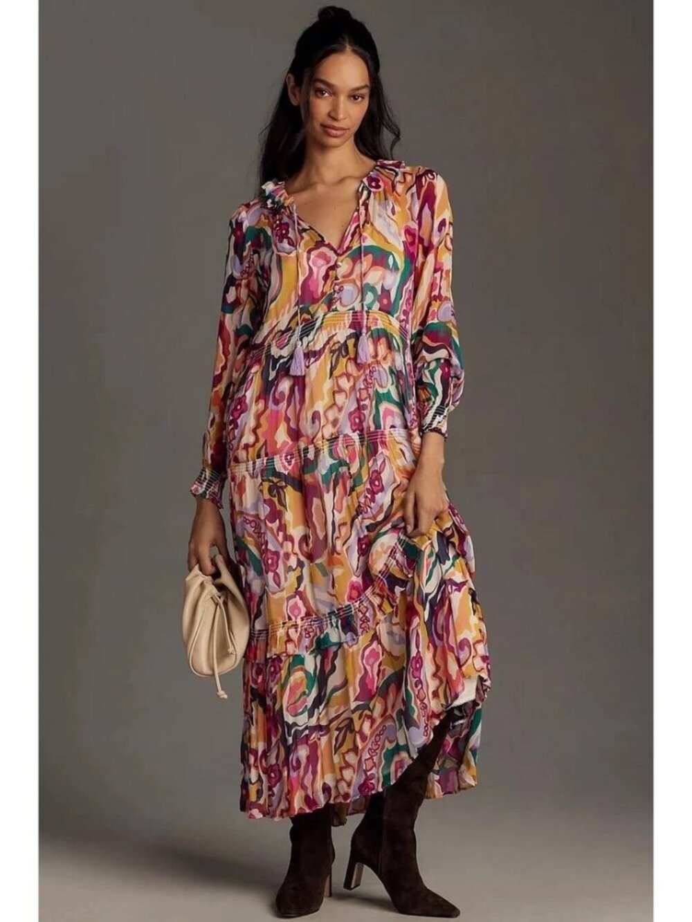 NWOT Anthropologie Odetta Ruffled V-Neck Dress Size XS Boho Lightweight Long Sle